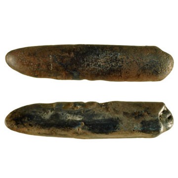 Side and top view - A silver ingot, used as bullion. The economy of Viking / Anglo-Scandinavian Britain was based on the weight of precious metal, as such this ingot was used as money and may have been broken (or hacked) into smaller piece. This one weighs 59.65g which is equivalent to a little over two Viking ounces, or around 45 of the Anglo-Saxon silver pennies. Ingots are common finds in Viking hoards of 9th-10th century date.