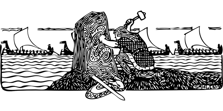 Woodcut of a Viking carving stone