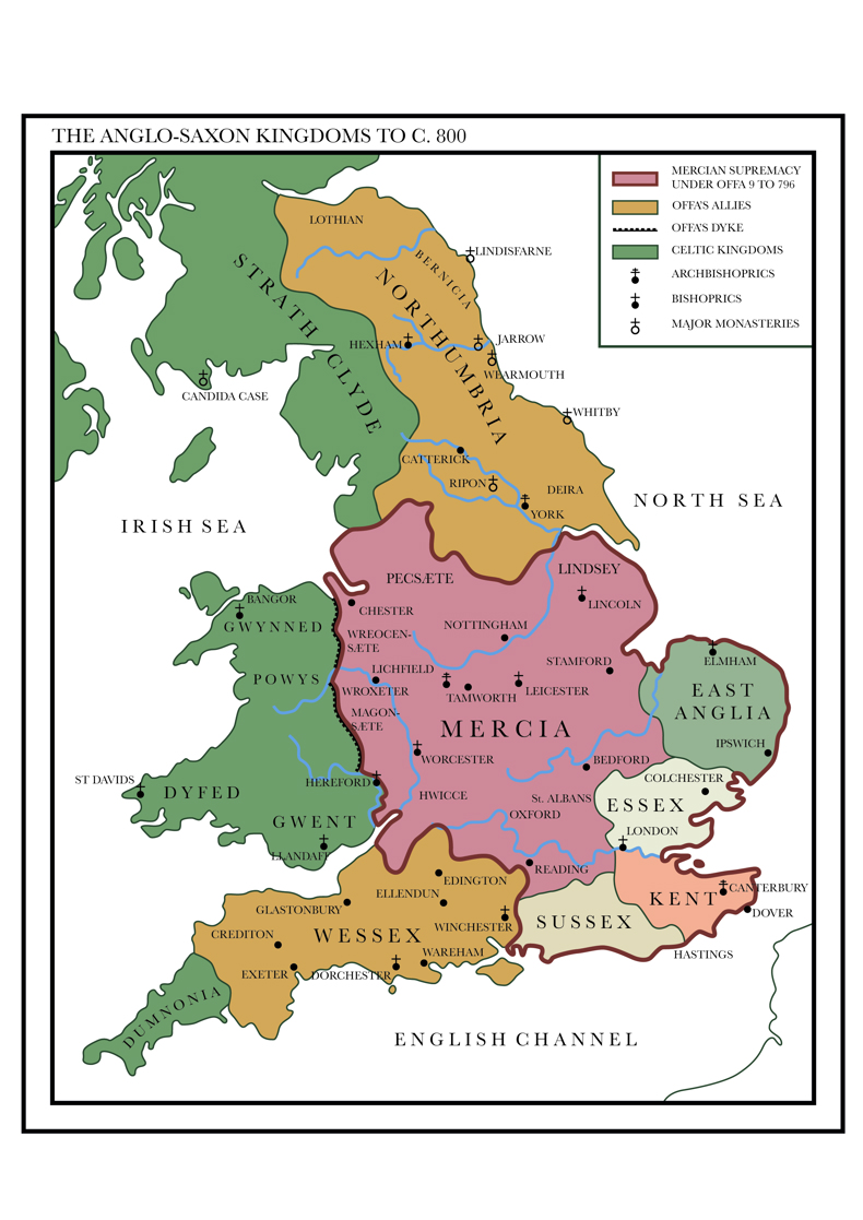 Map showing the central location of Mercia which extends from Wales across to East Anglia, Essex, Wessex, Sussex, Kent and Northumbria